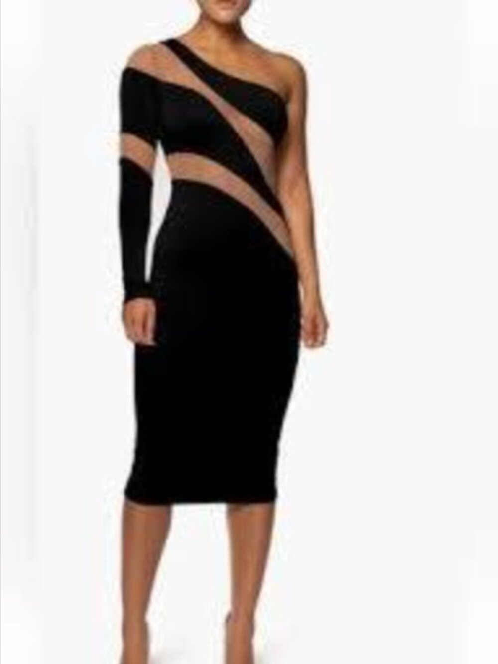 JLUXLABEL Black Nude Illusion One Shoulder Bodycon Midi Dress | Small